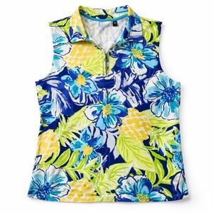 Rafaella Floral Sleeveless Half Zip Polo Top XL Blue Green Yellow